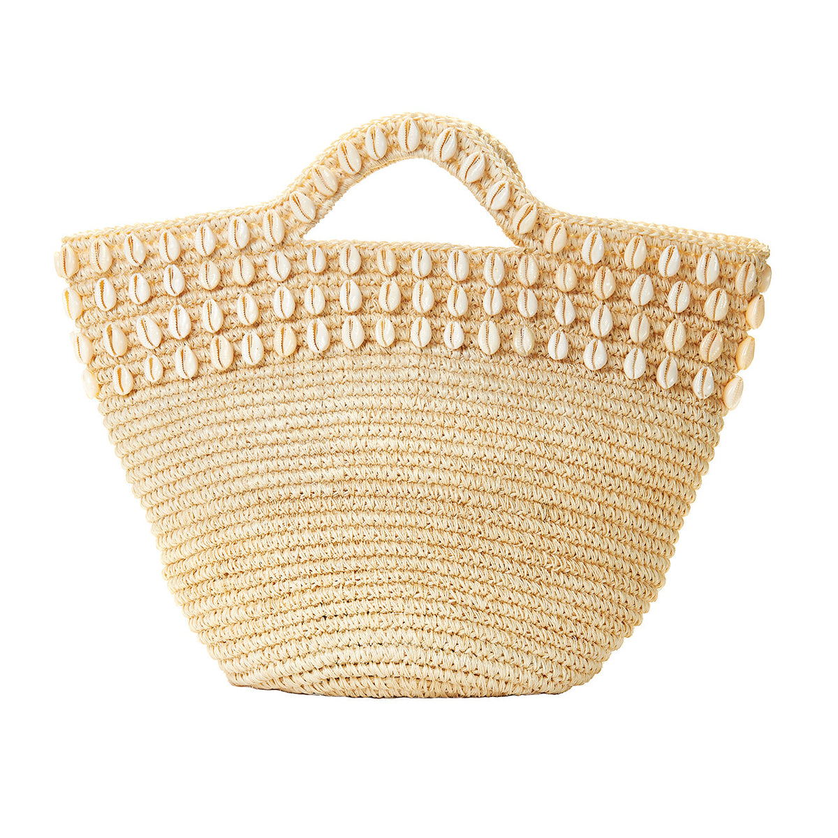 Front view of Fiona Shell Bag showcasing woven raffia texture, puka shell detailing and short top handles on white background