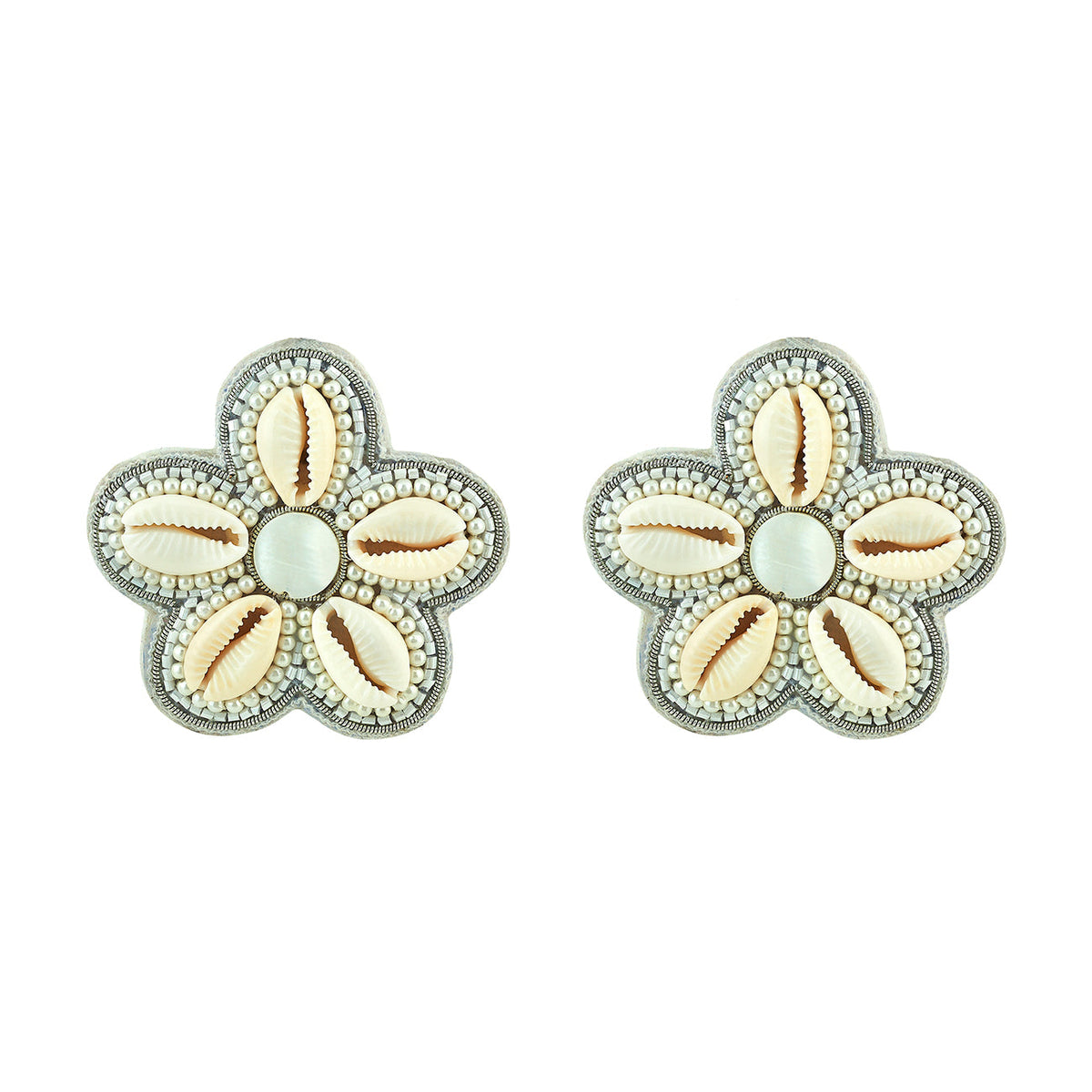 Front view of Fiona stud earrings showing flower shape with five puka shells and pearl bead accents on white background