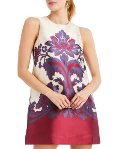 Fiona Mini Dress in Mulberry Arbor front – shift cocktail mini dress with crew neckline, placed print, side seam pockets, and center back zipper by Mestiza New York.