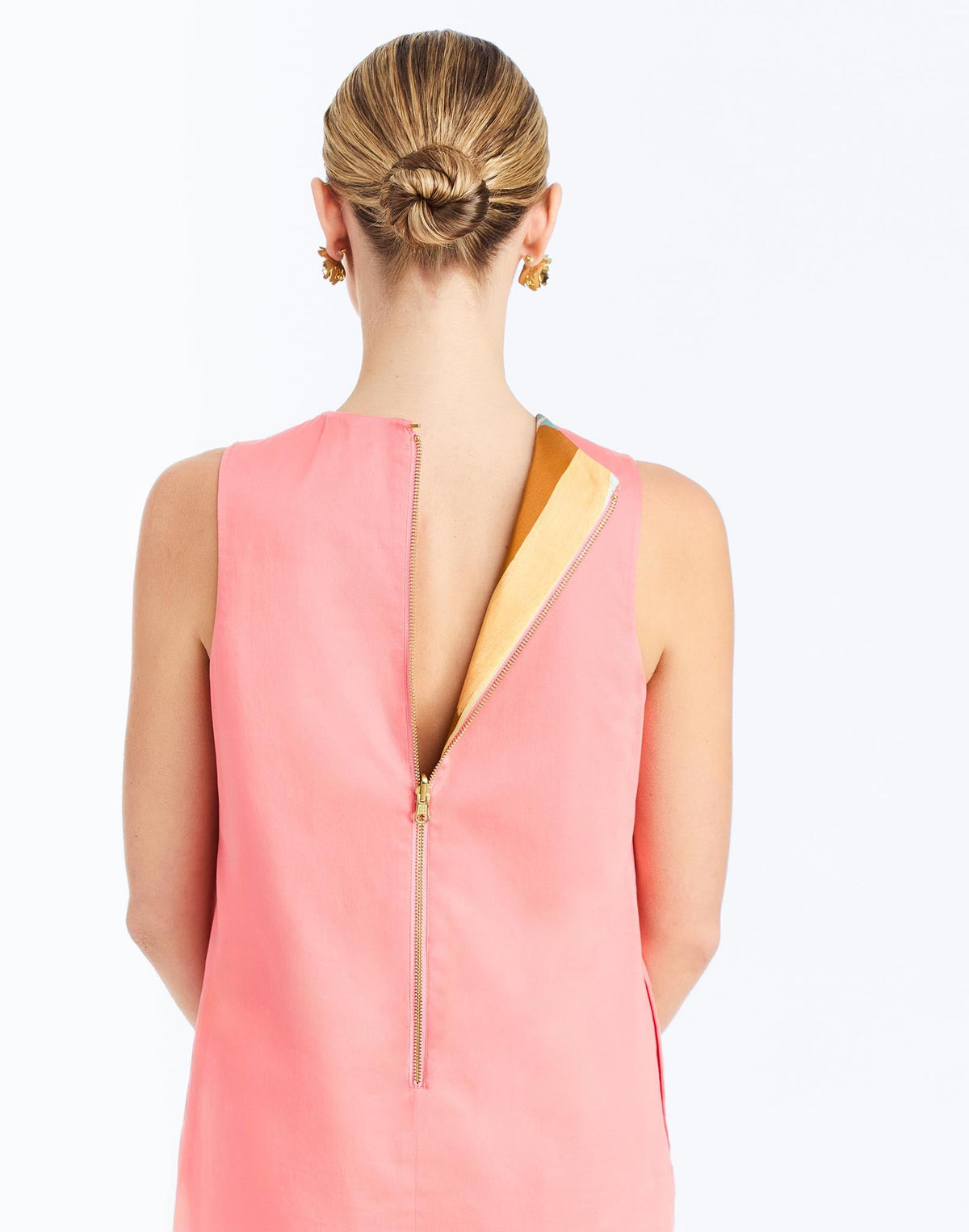 Back - Fiona Mini Dress in Fresco Pink is a reversible cotton poplin shift mini with pockets.