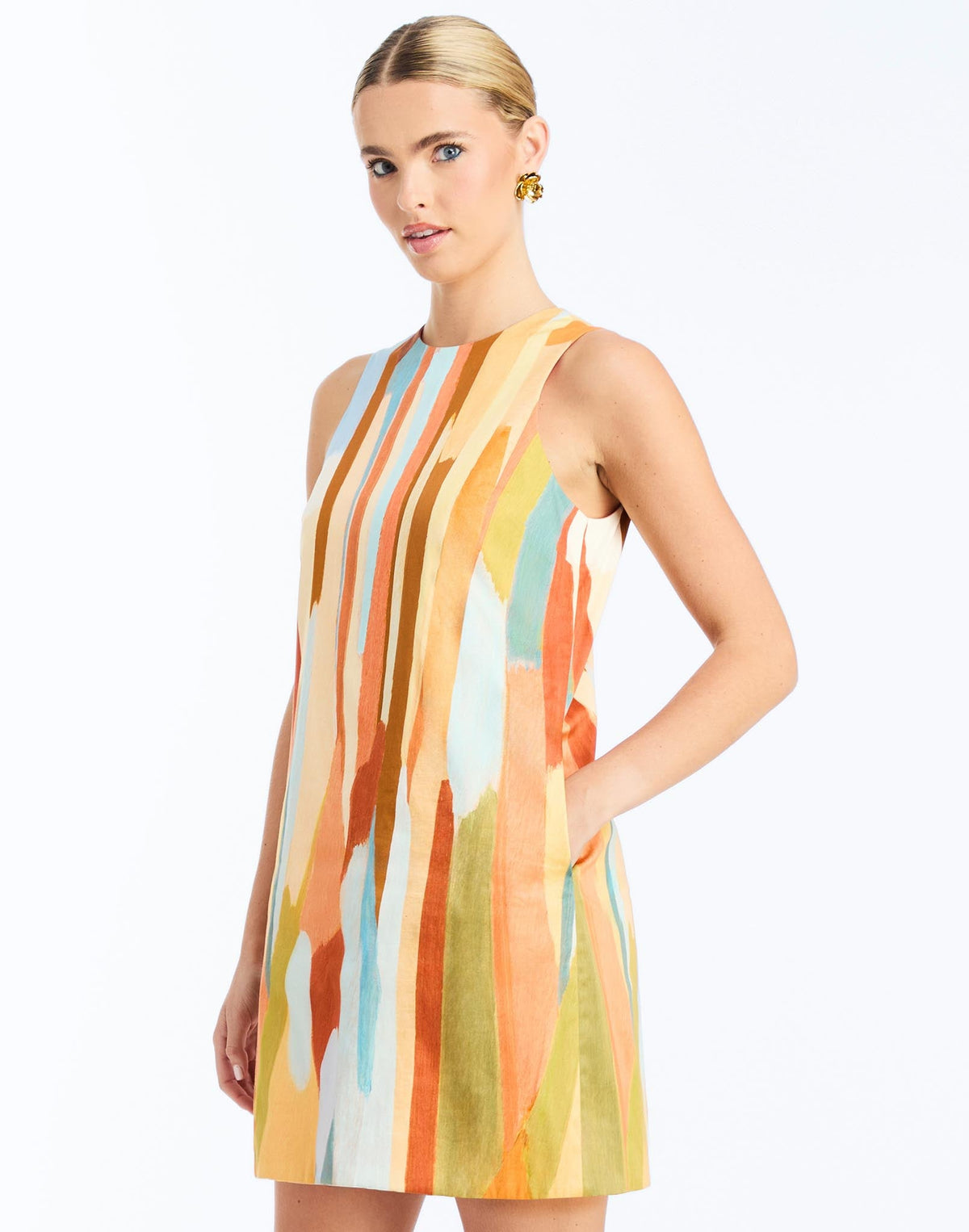 Side - Fiona Mini Dress in Fresco Pink is a reversible cotton poplin shift mini with pockets.