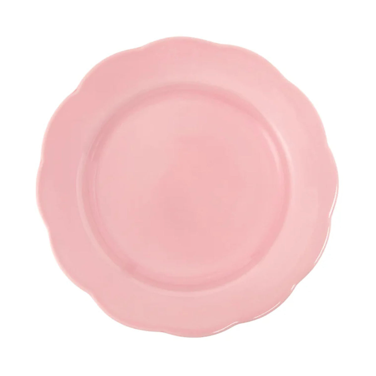 Top view of Fiore Dinner Plate in Pink showcasing vibrant rose glaze and scalloped edges with a white background