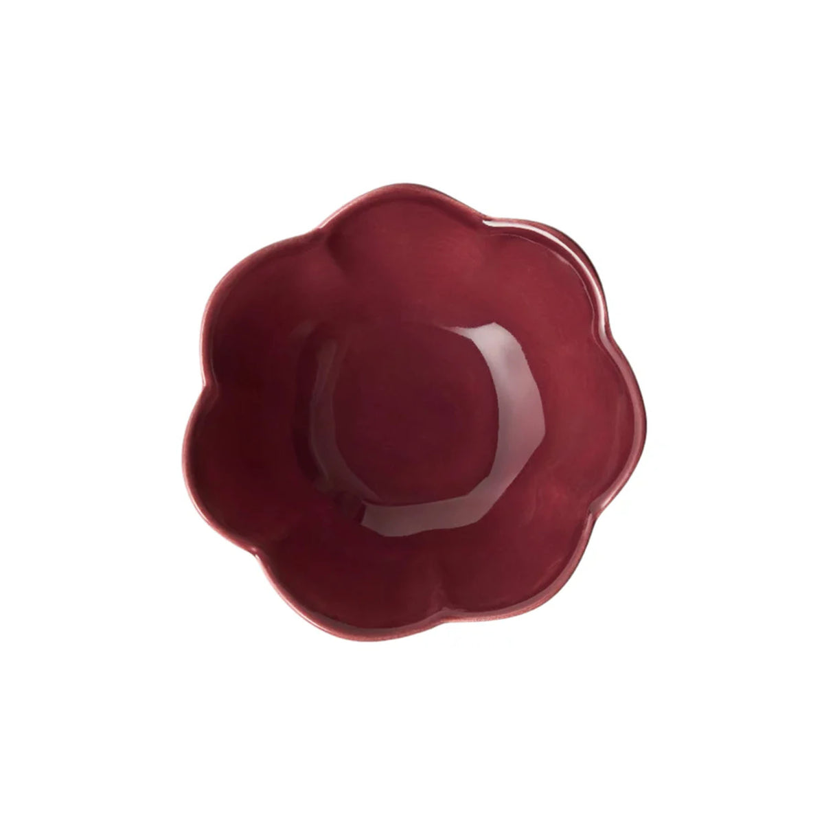 Top view of Fiore Ice Cream Bowl in Burgundy showcasing its rich burgundy glaze and scalloped edges with a white background