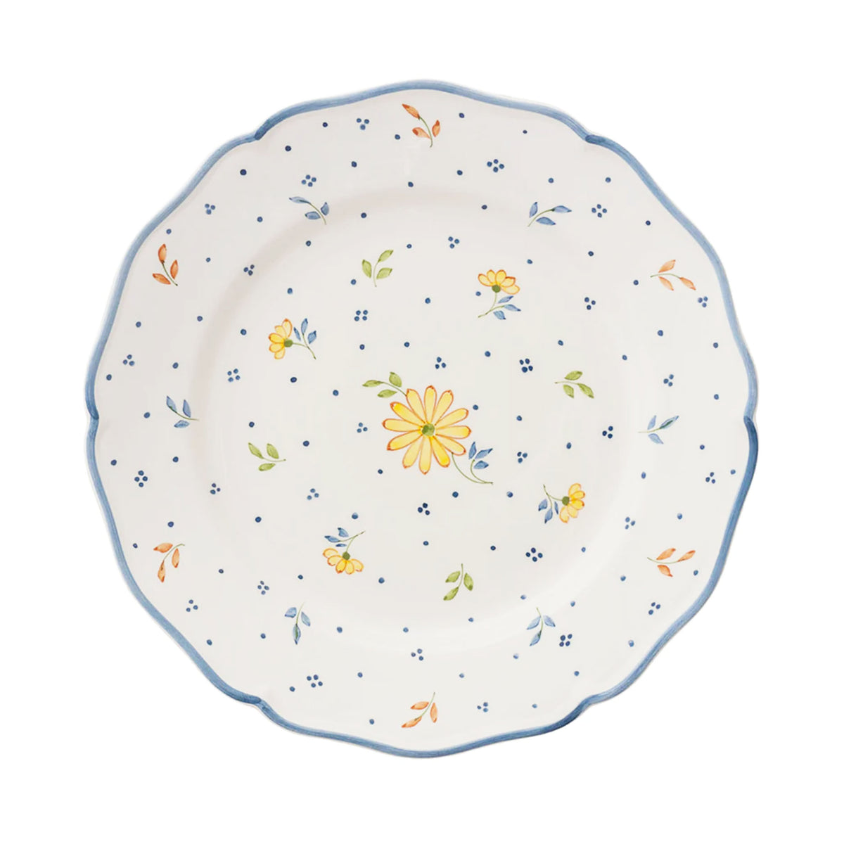 Top view of Fiorellini Blu Gialli dinner plate with scalloped rim and hand-painted yellow floral pattern on white
