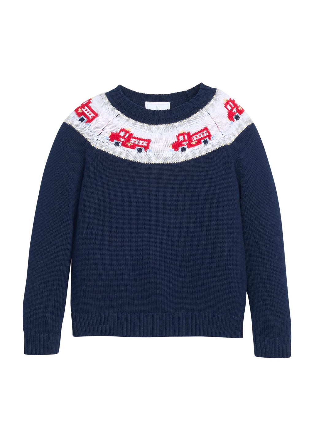 Little English traditional children's clothing. Navy crew neck sweater with red fire truck fair isle detail.