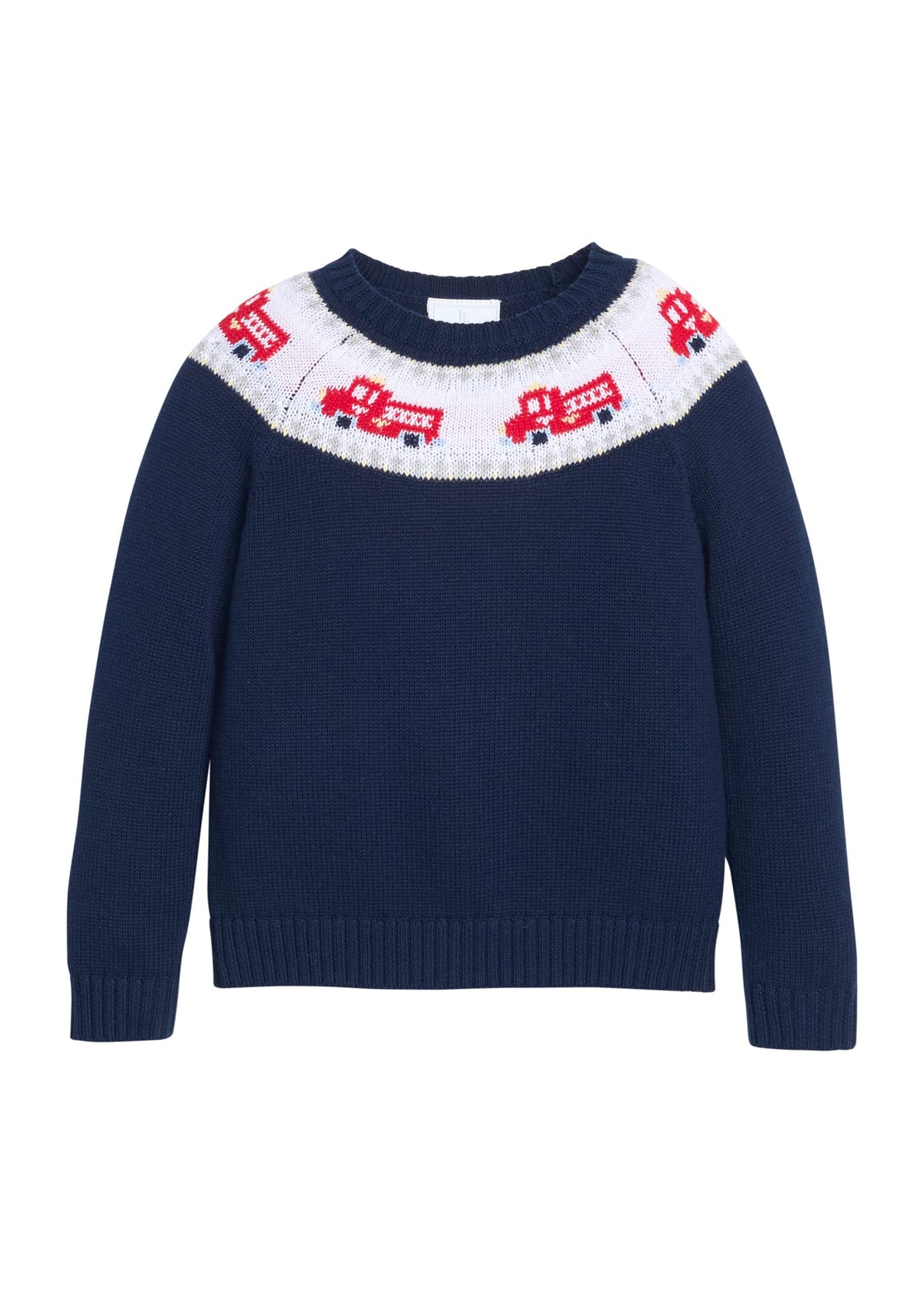 Little English traditional children's clothing. Navy crew neck sweater with red fire truck fair isle detail.