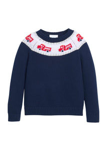Little English traditional children's clothing. Navy crew neck sweater with red fire truck fair isle detail.