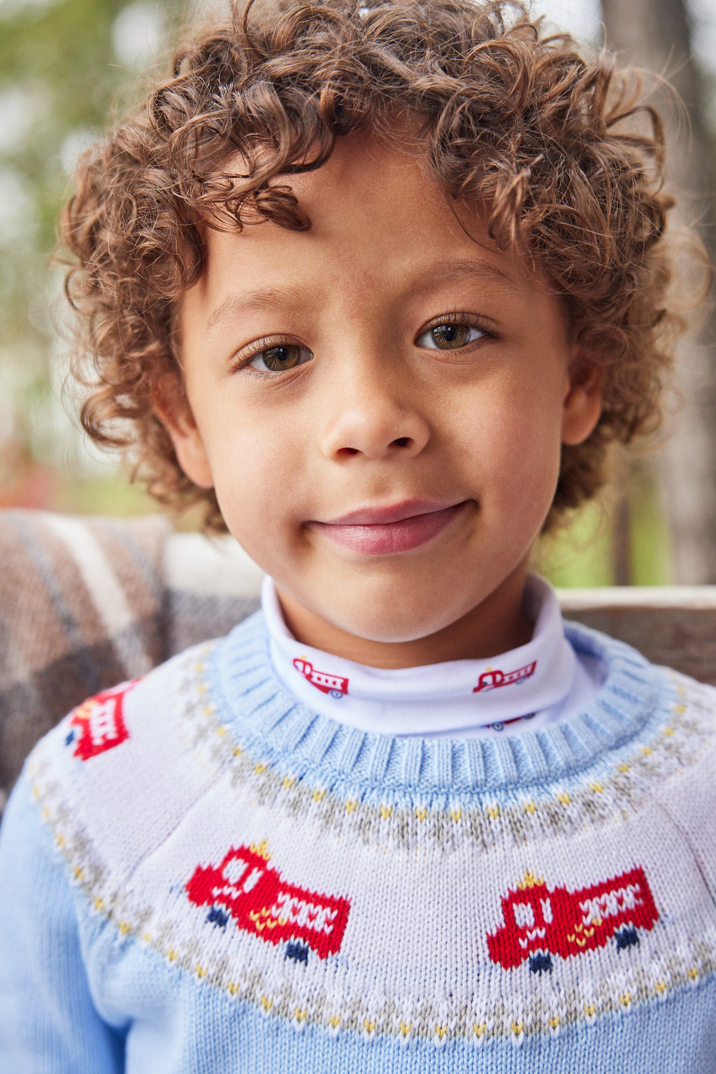 printed turtleneck with red fire trucks, Little English classic boy's turtleneck