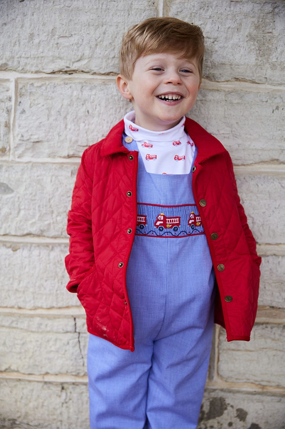 printed turtleneck with red fire trucks, Little English classic boy's turtleneck