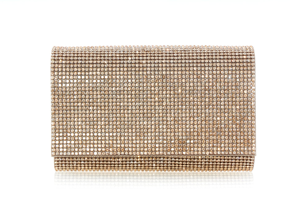 Front view of Fizzy Crystal Clutch showcasing handset opal crystals over Italian satin on a white background