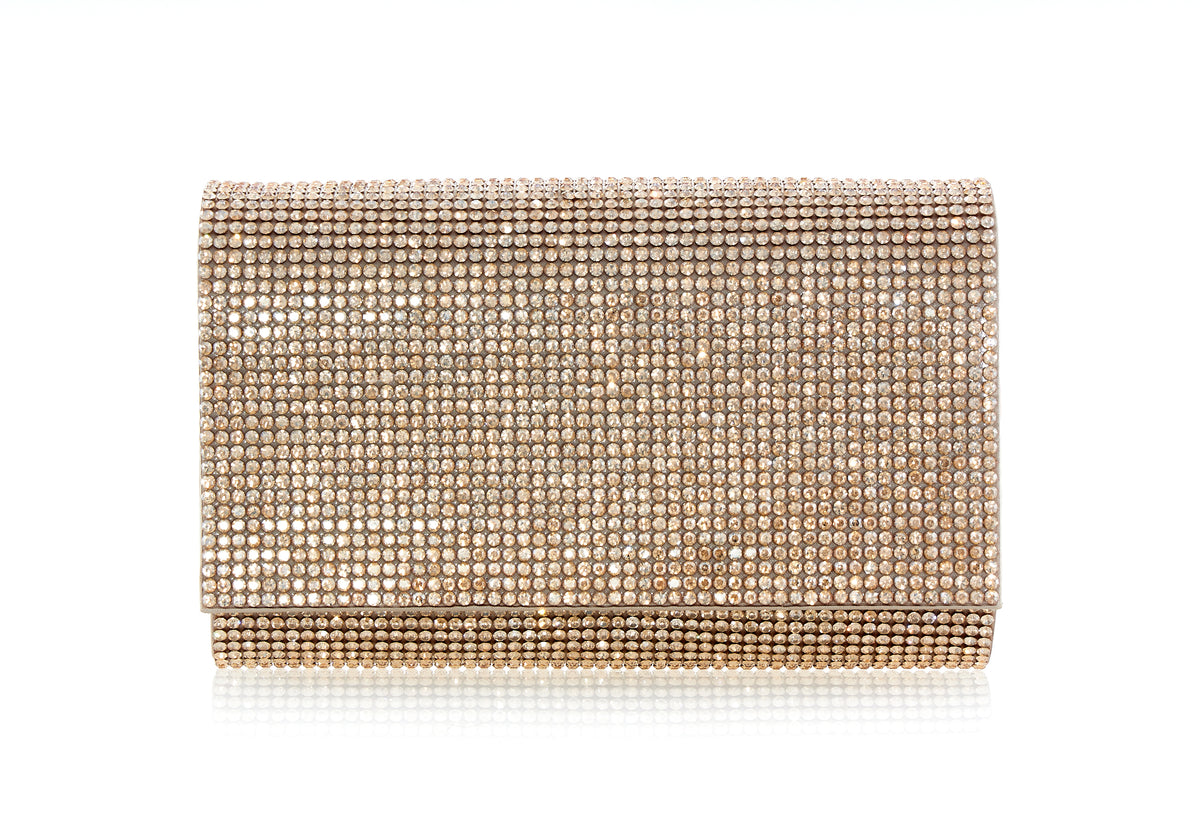 Front view of Fizzy Crystal Clutch showcasing handset opal crystals over Italian satin on a white background