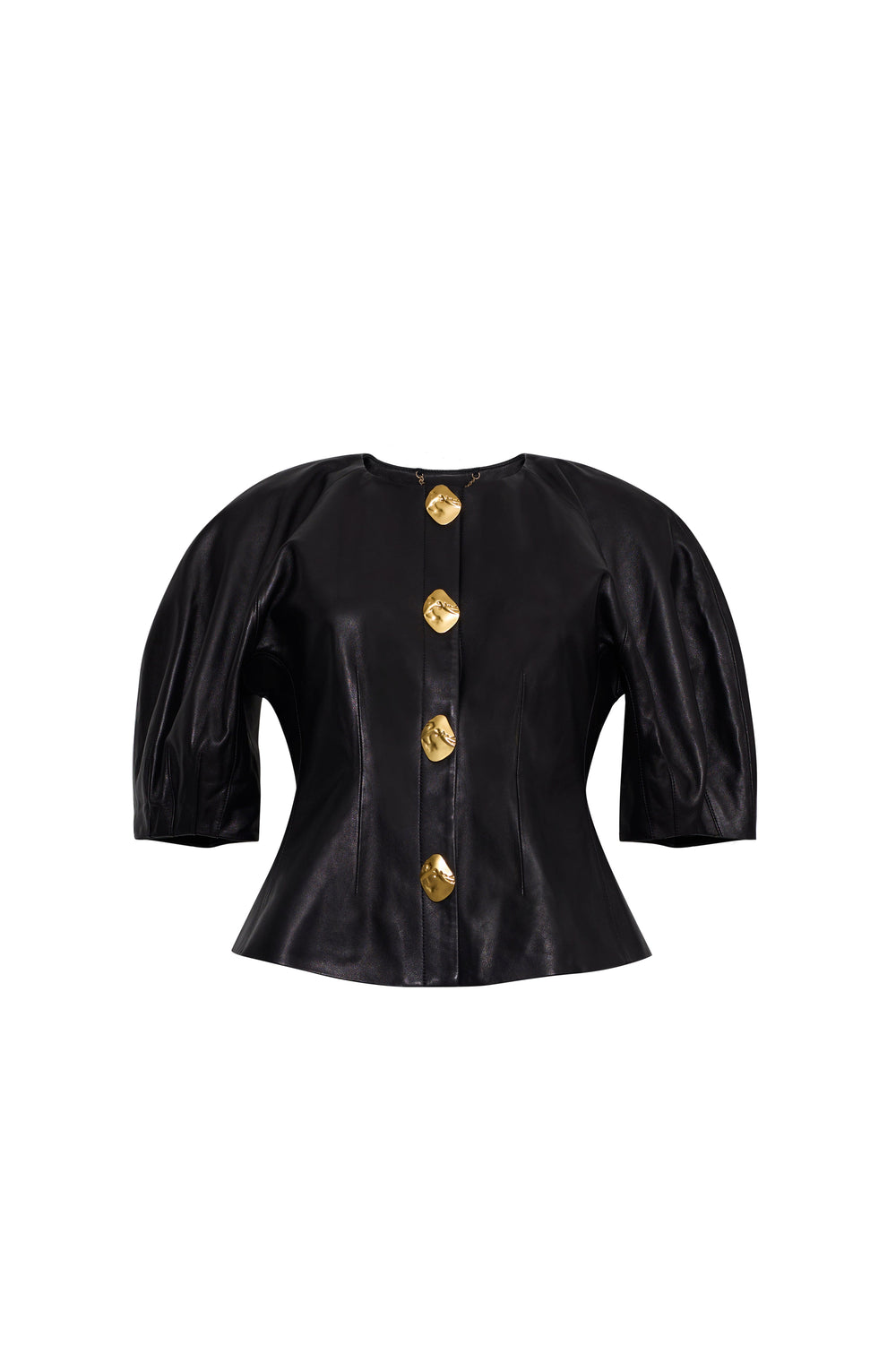 Front view of the Fletcher Top in Black showcasing sculpted short sleeves, shaped waist, and gold snaps against a white background