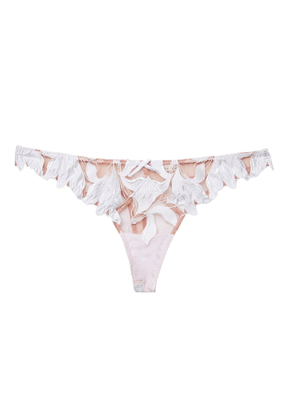 Front flat lay of Lily Embroidery hipster thong in ivory showing floral embroidery, sheer mesh and center bow on white