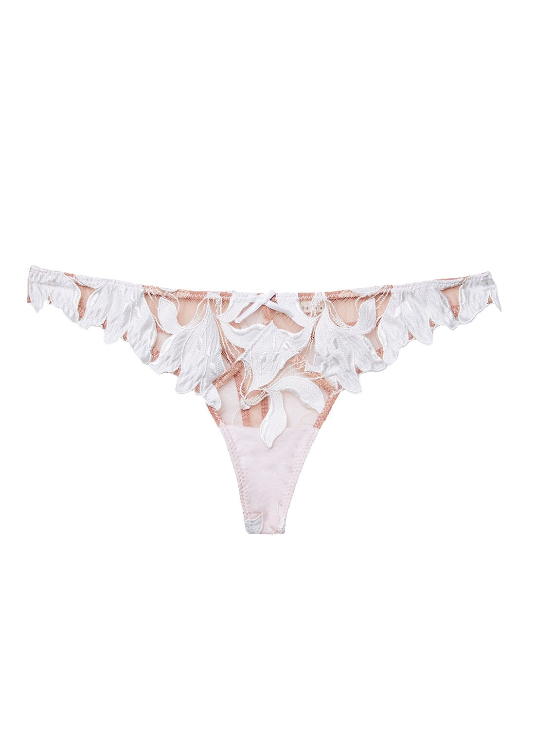Front flat lay of Lily Embroidery hipster thong in ivory showing floral embroidery, sheer mesh and center bow on white