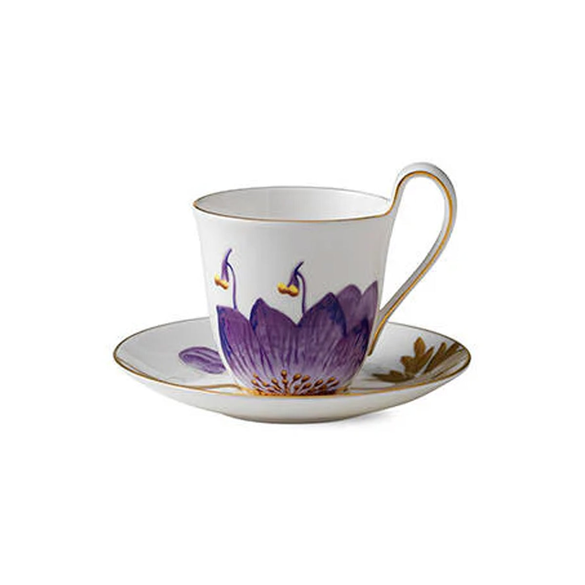Front view of Flora Cup & Saucer 9 oz Pansy showcasing purple pansy artwork and gold trim with a white background