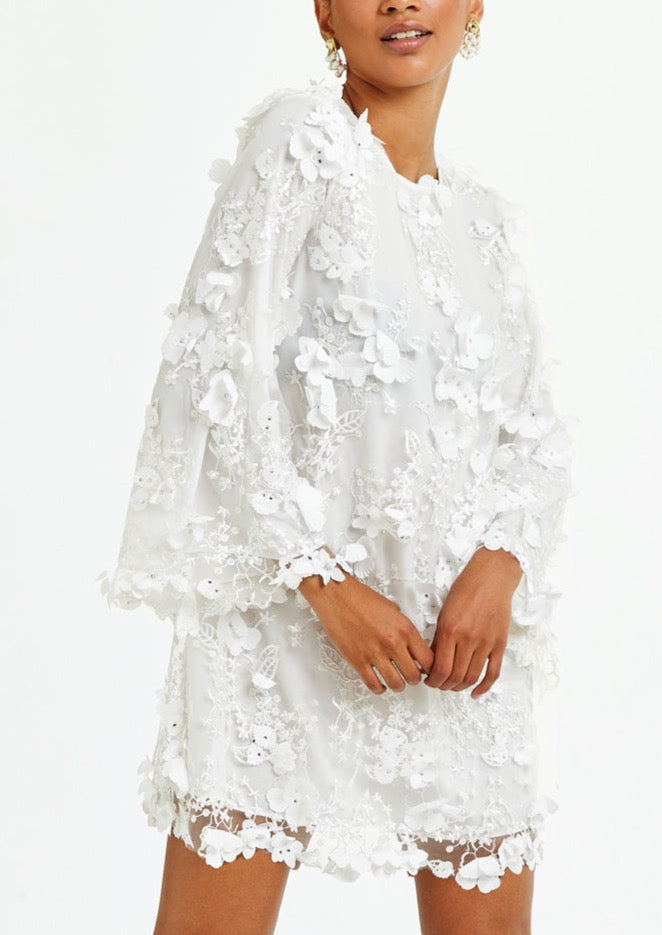 A-line mini dress crafted in white floral 3D lace