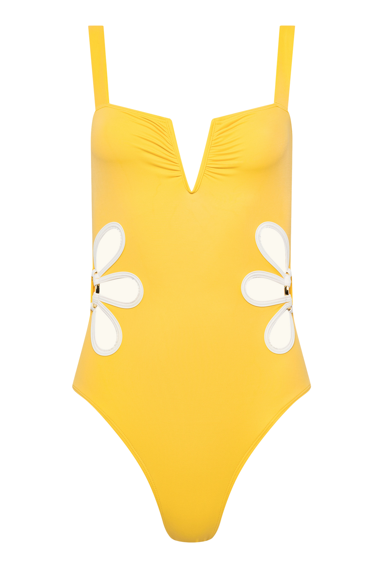 Front view of Flora one piece in butter yellow and ivory showcasing V front and petal cut outs at waist on white background