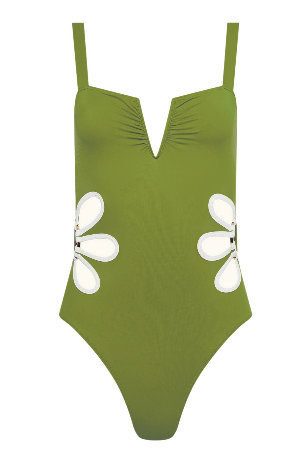 Front view of The Flora One-Piece in Moss Green and Ivory showcasing petal cut-outs with gold hardware on white