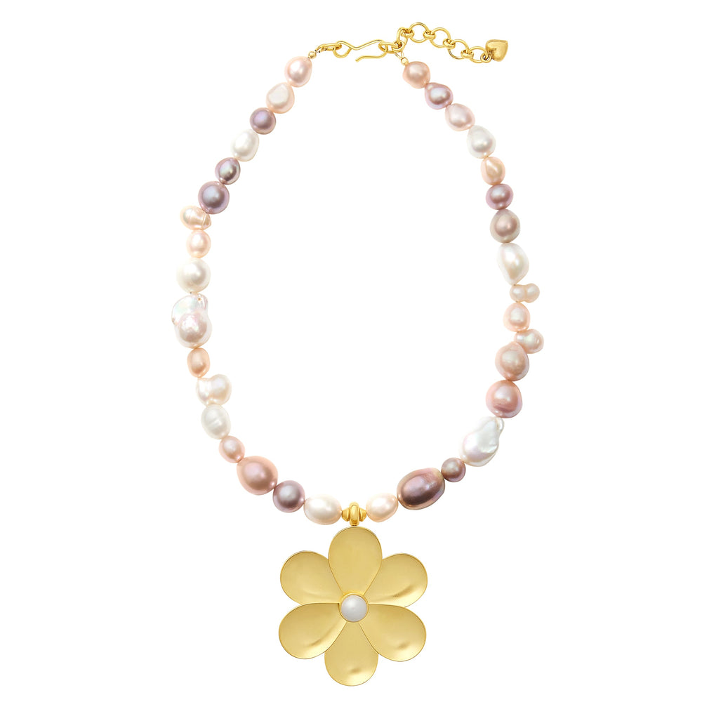 Flora Necklace with pink and white freshwater baroque pearls, 24k antique gold-plated flower pendant, white background