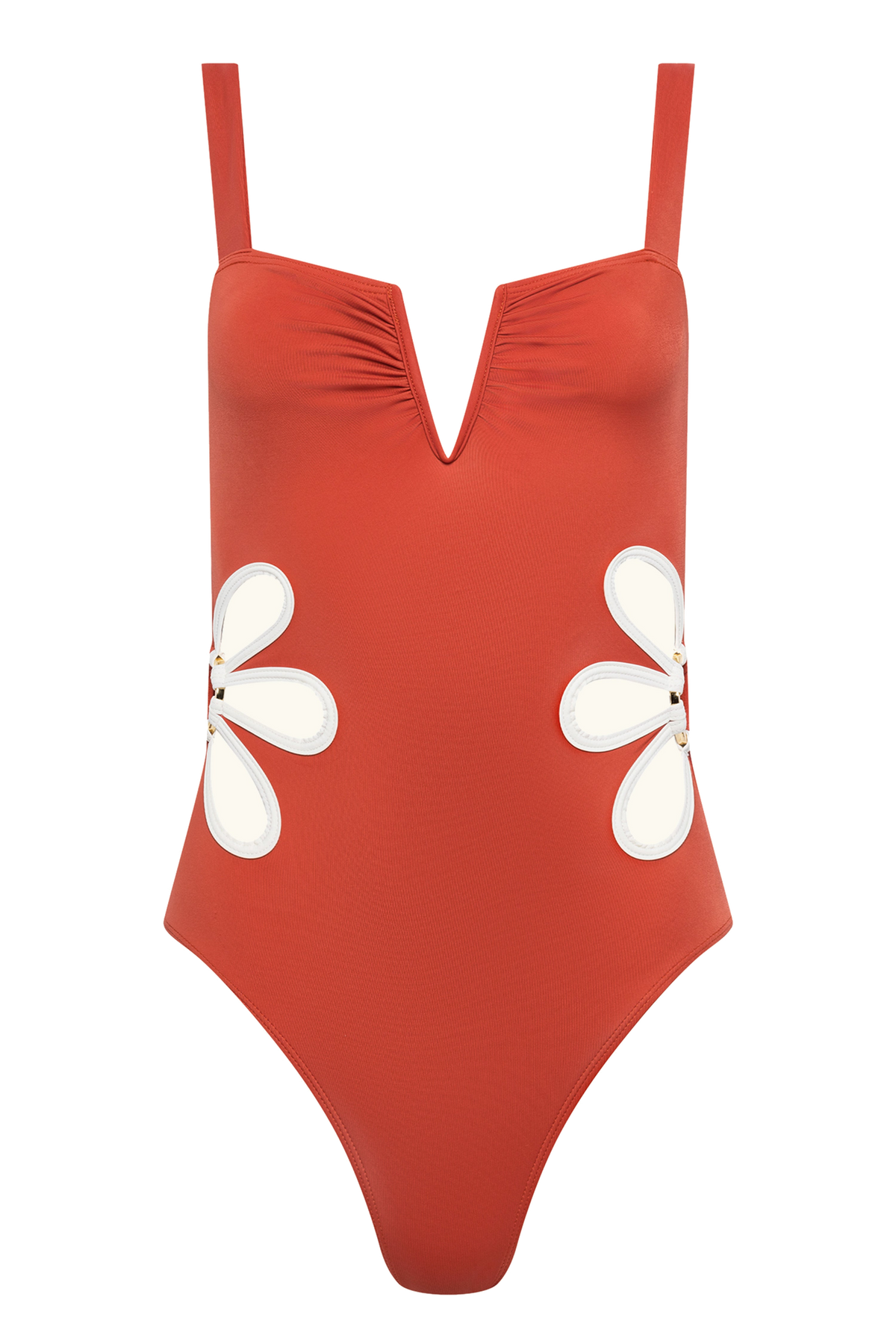 Front close-up of The Flora One-Piece in Rust and Ivory showcasing V-wire front and petal cut-outs with black background