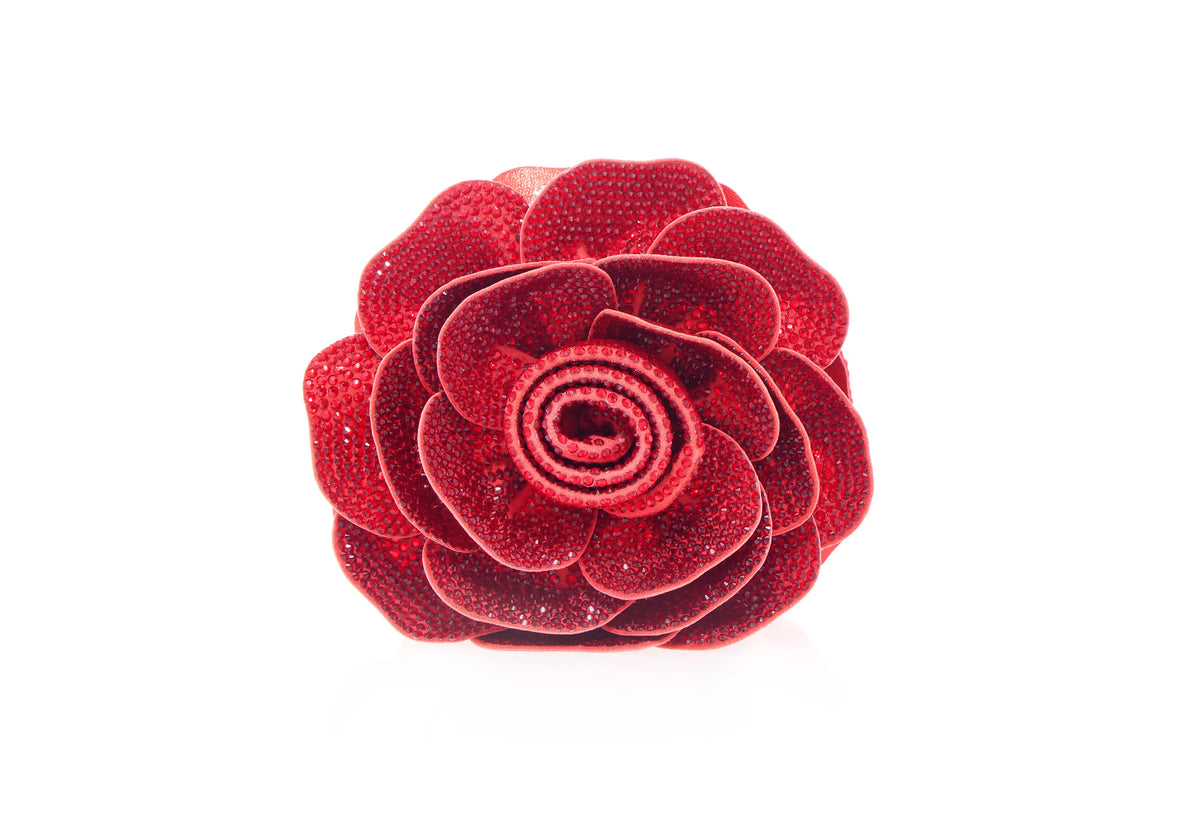 Front view of Soft Rose Belle Clutch showcasing its sculptural rose-inspired silhouette with a white background