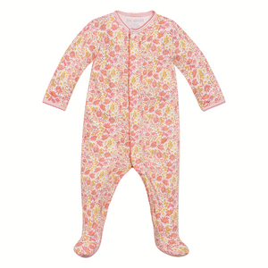 Front view of Marigolds baby onesie showcasing a pink and yellow floral print, long sleeves, and covered feet on a white background
