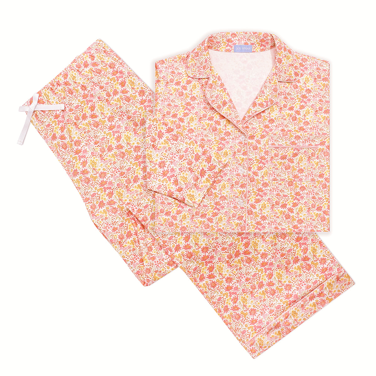 Top view of Marigolds women’s button-front long pajama set with floral print, collared top, and drawstring pants