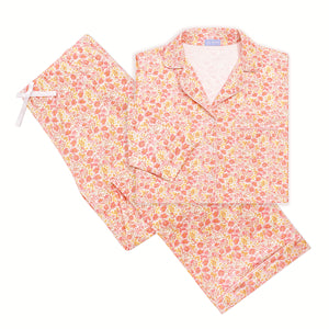 Top view of Marigolds women’s button-front long pajama set with floral print, collared top, and drawstring pants