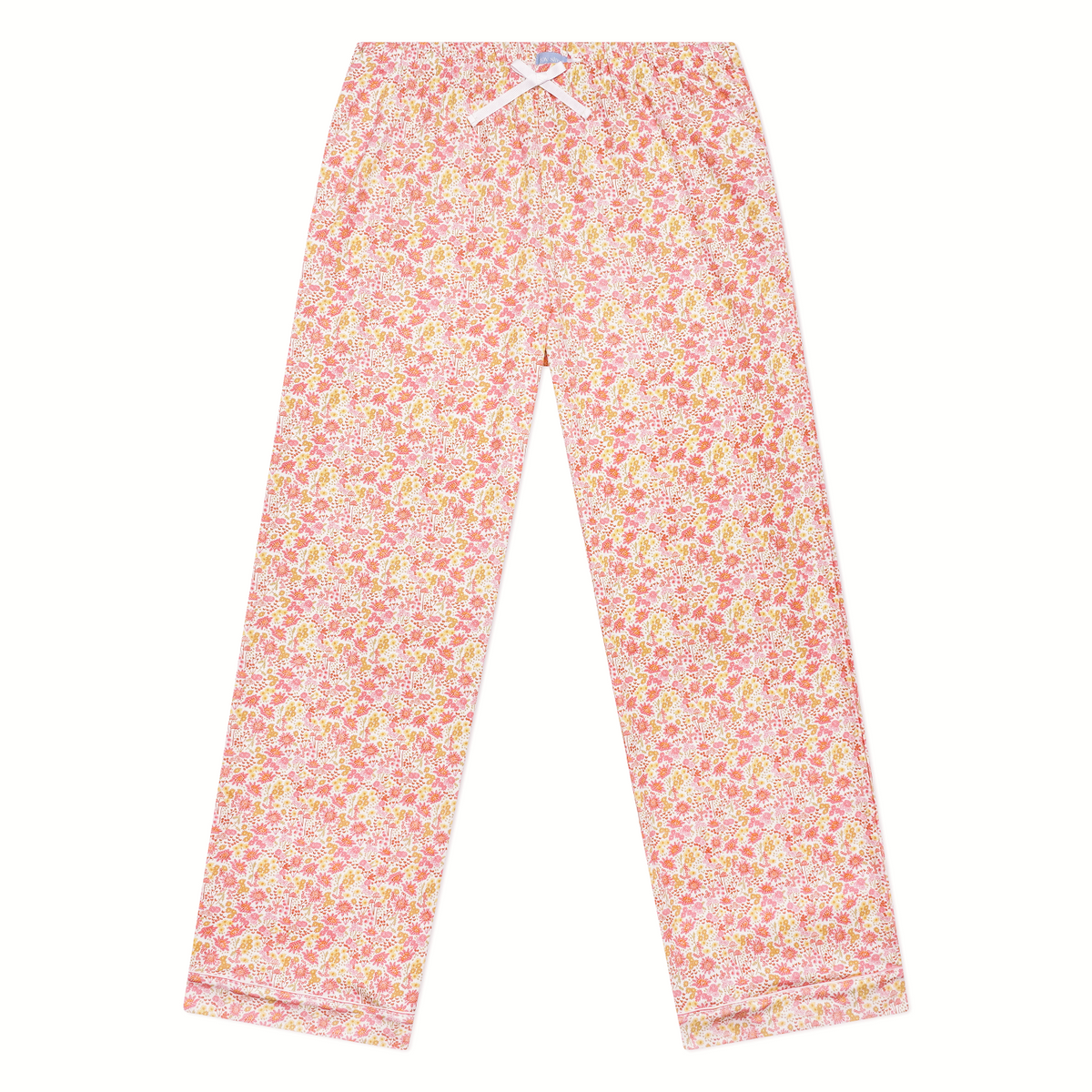 Front view of Marigolds women’s pajama pants with hand-drawn floral print and elastic waistband on white background