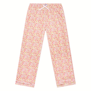 Front view of Marigolds women’s pajama pants with hand-drawn floral print and elastic waistband on white background