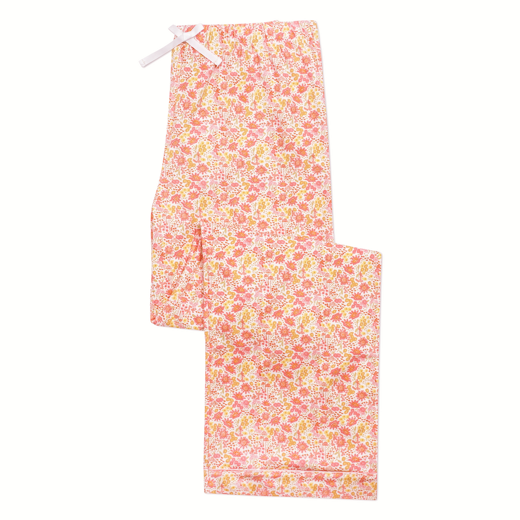 Top view of Marigolds women’s long pajama pants showcasing hand-drawn floral print and drawcord waistband on a white background