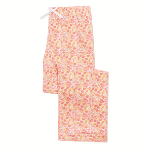 Top view of Marigolds women’s long pajama pants showcasing hand-drawn floral print and drawcord waistband on a white background