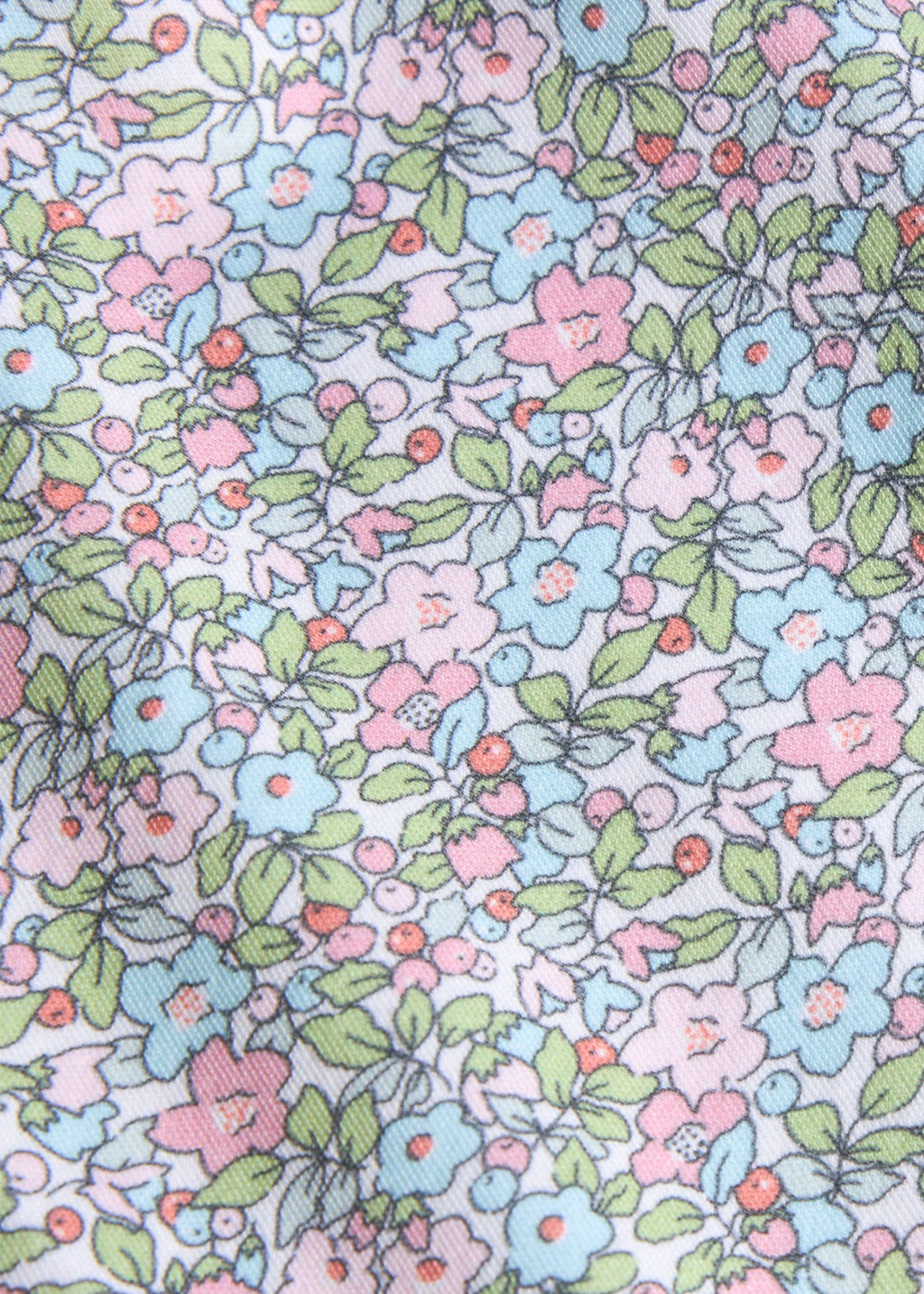 Little English traditional children's clothing. Aqua blue, pink, and green Fondren Floral fabric swatch