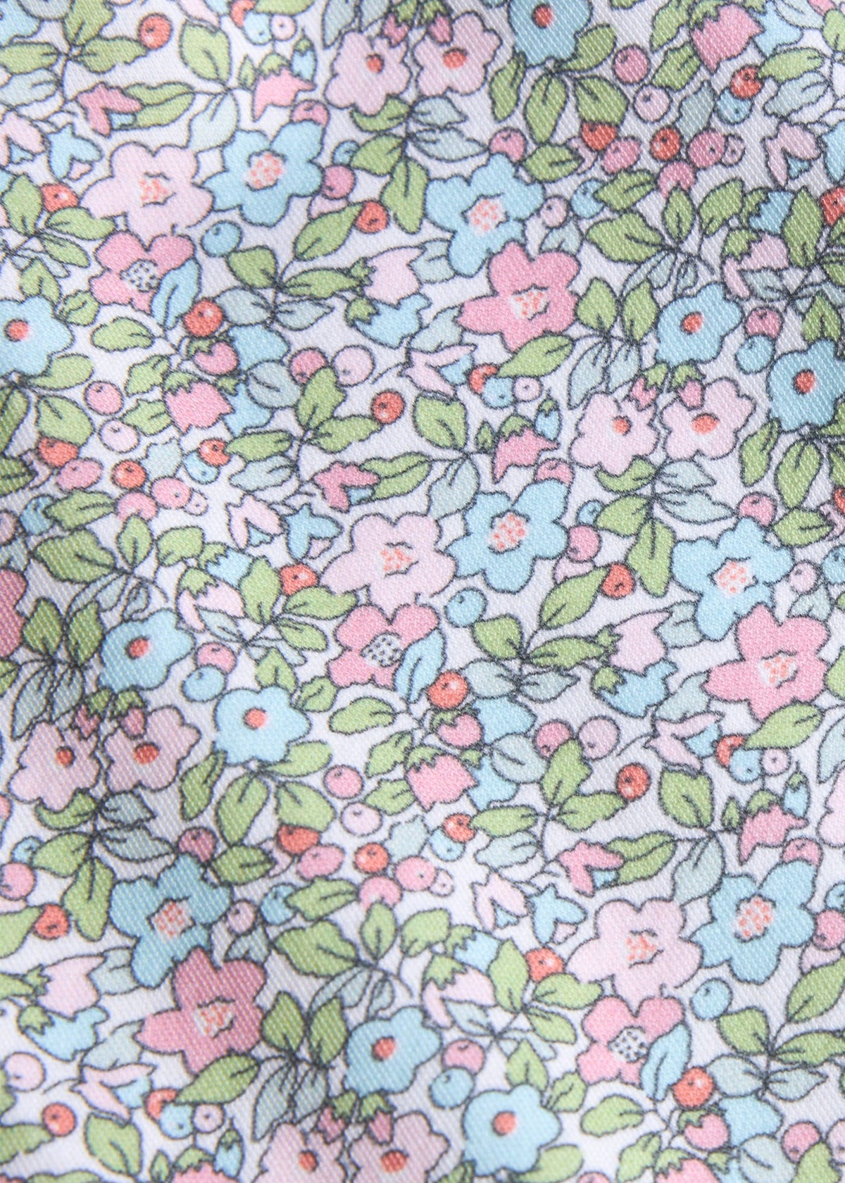 Little English traditional children's clothing. Aqua blue, pink, and green Fondren Floral fabric swatch