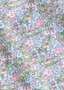 Little English traditional children's clothing. Aqua blue, pink, and green Fondren Floral fabric swatch