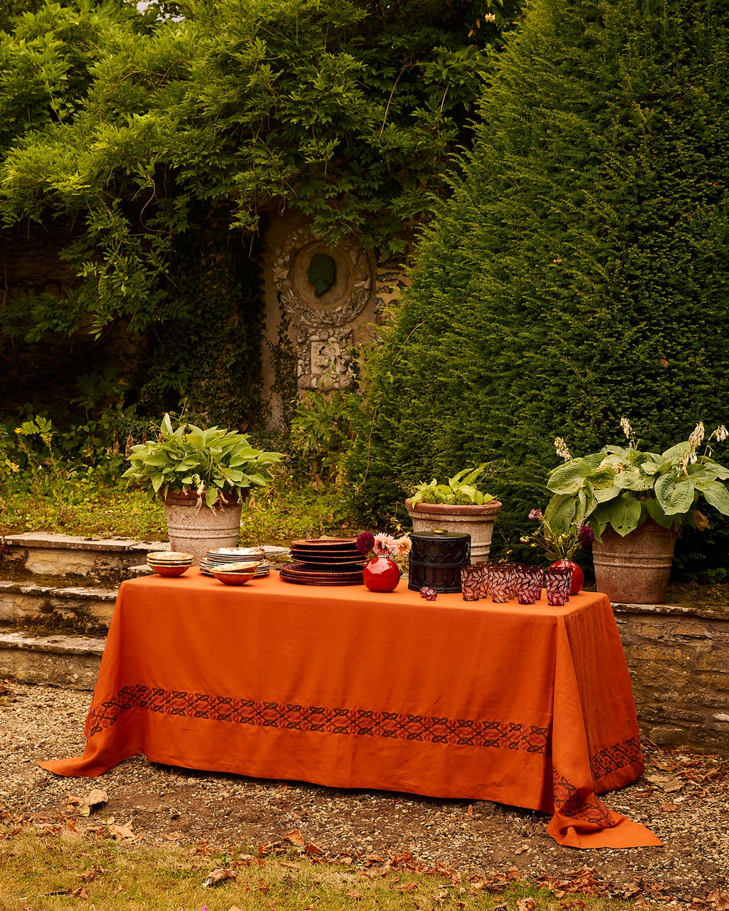 Terracotta Embroidered Linen Tablecloth