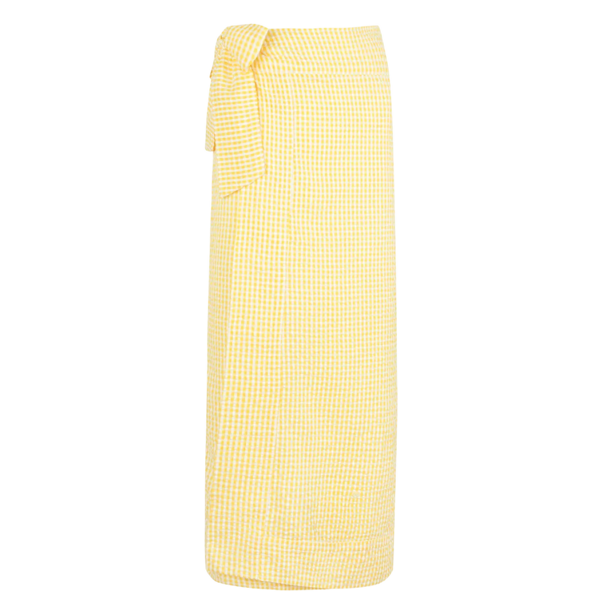 Front view of Women’s Soleil Gingham Pareo showcasing yellow gingham pattern and side-tie wrap on white background