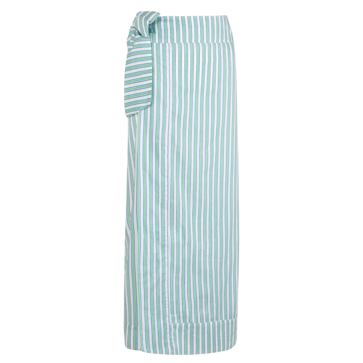 Front view of Tamarin Stripe pareo showcasing vertical blue and green stripes and side tie waist on white background