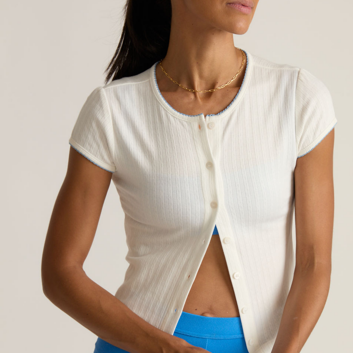 Women’s White Pointelle Short Sleeve Cardigan