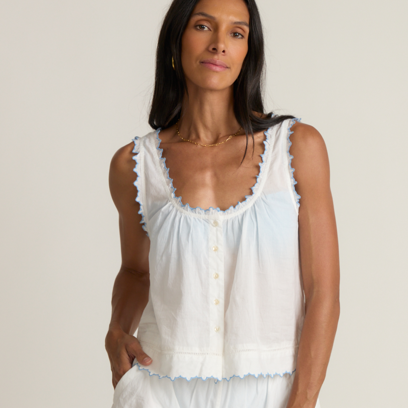 Women’s White Scalloped Button Up Tank