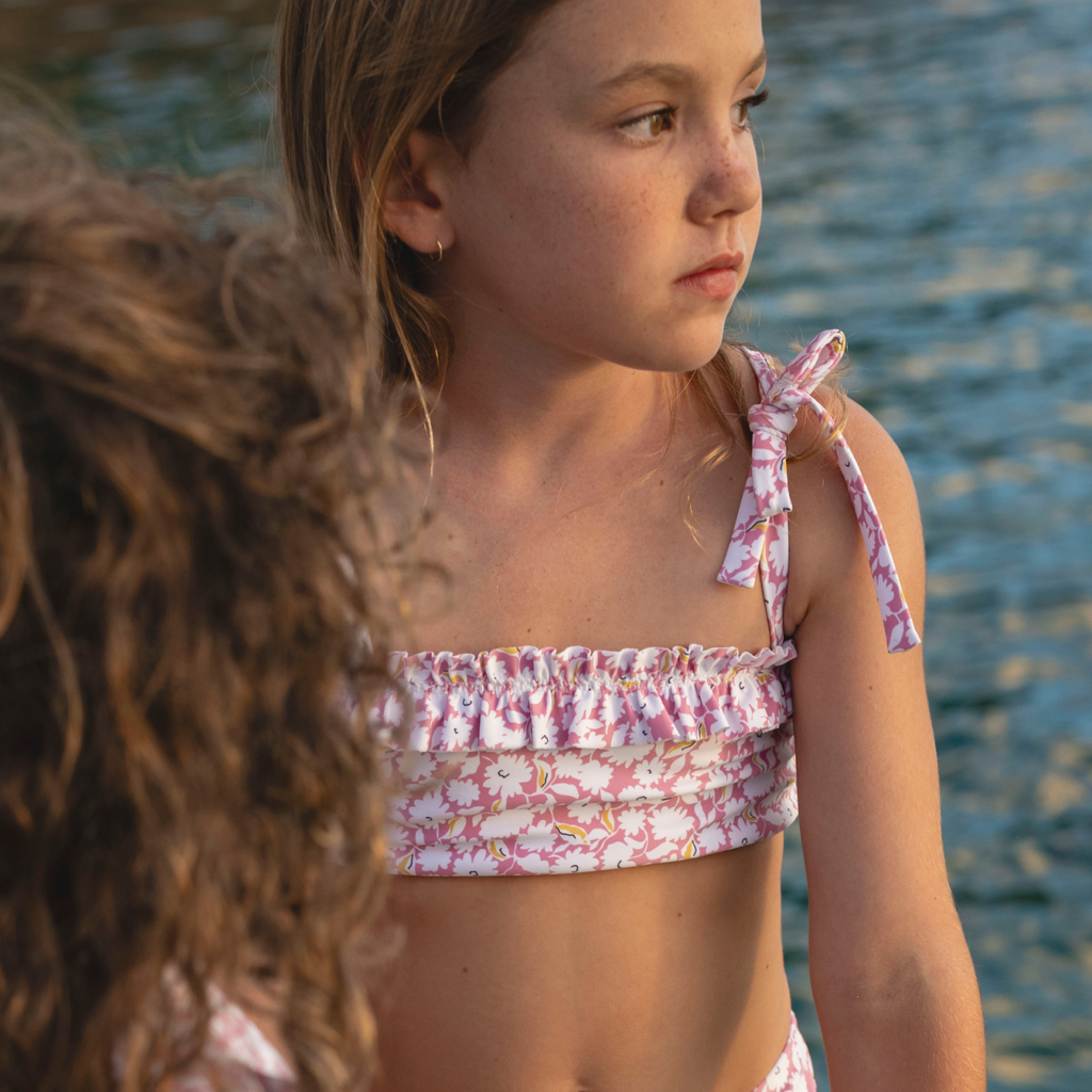 Girl’s Blush Bloom Ruffle Bandeau Bikini with Tie Straps