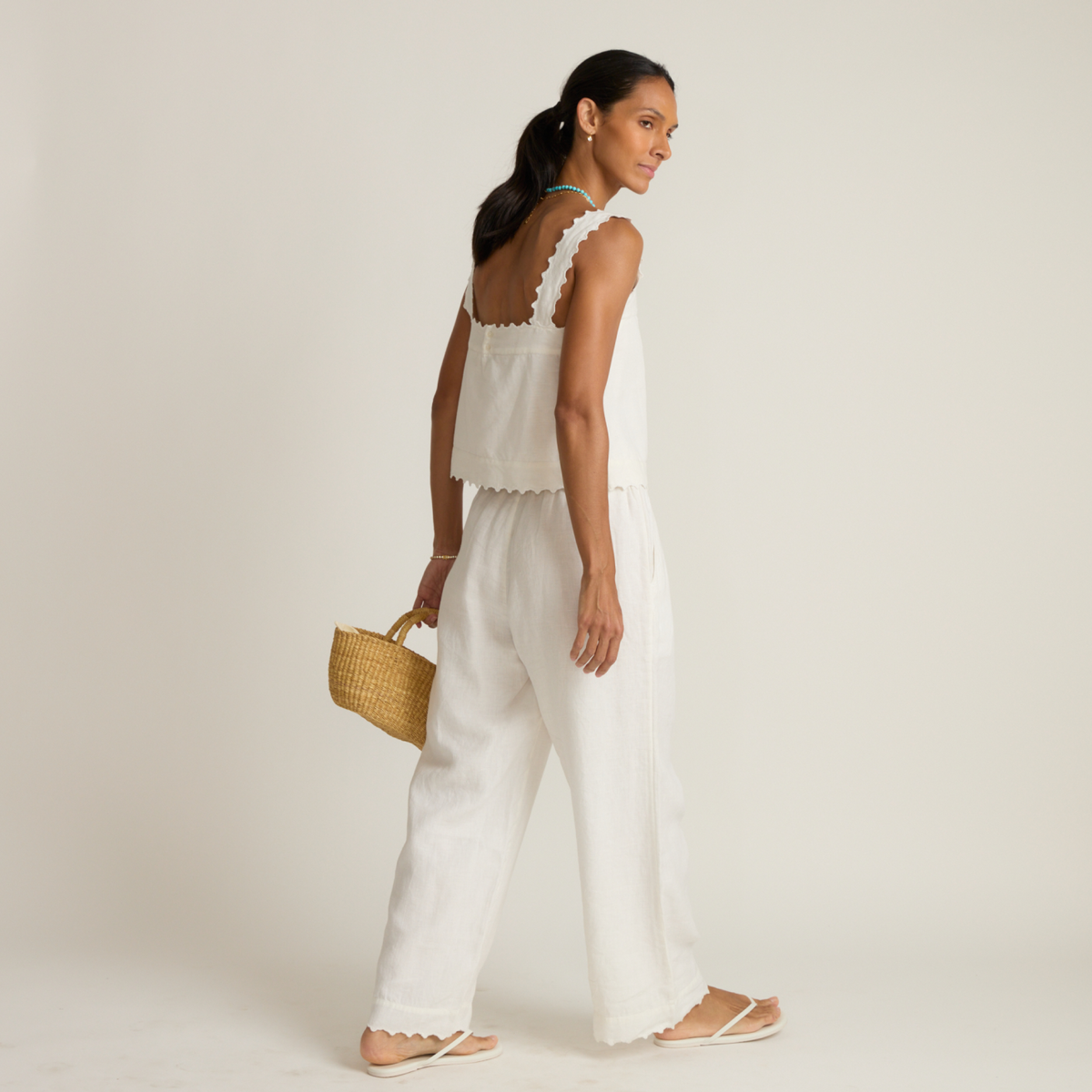 Women’s White Scalloped Linen Beach Pant
