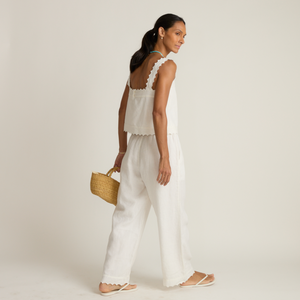 Women’s White Scalloped Linen Beach Pant