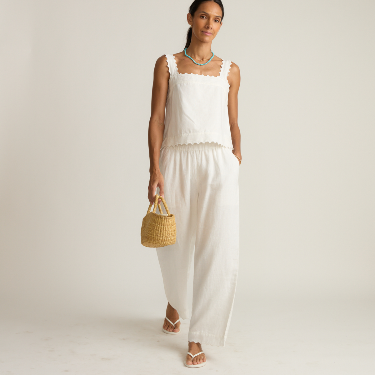 Women’s White Scalloped Linen Beach Pant
