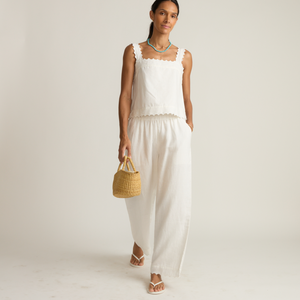 Women’s White Scalloped Linen Beach Pant