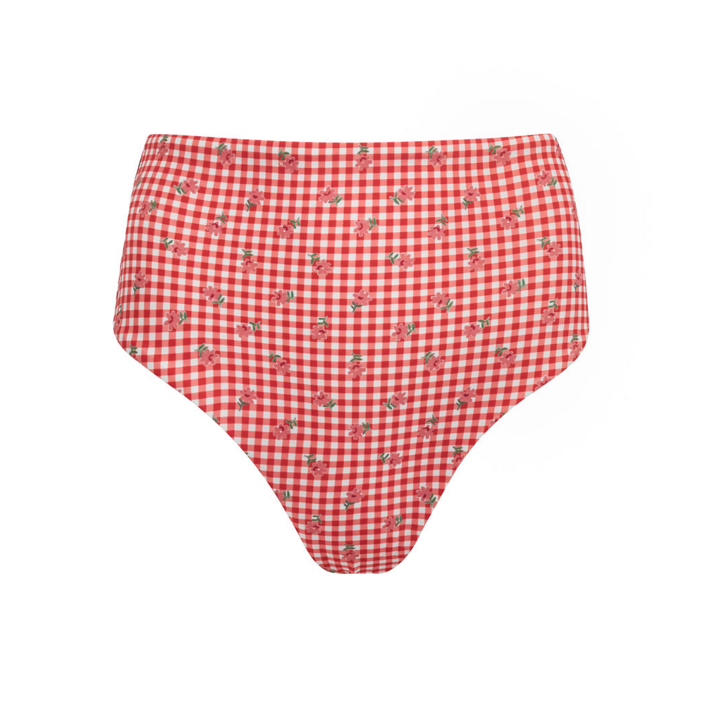 Women's Cranberry Gingham High Waisted Bikini Bottom
