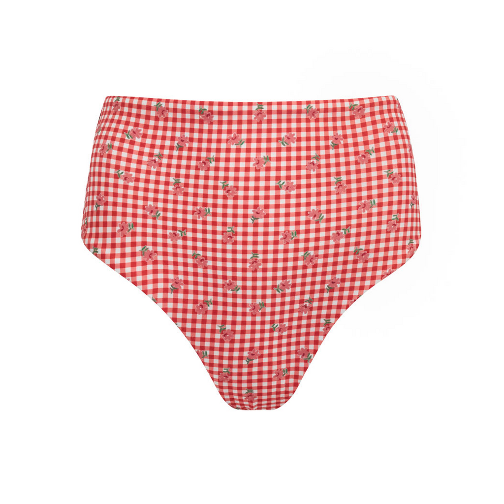 Women's Cranberry Gingham High Waisted Bikini Bottom