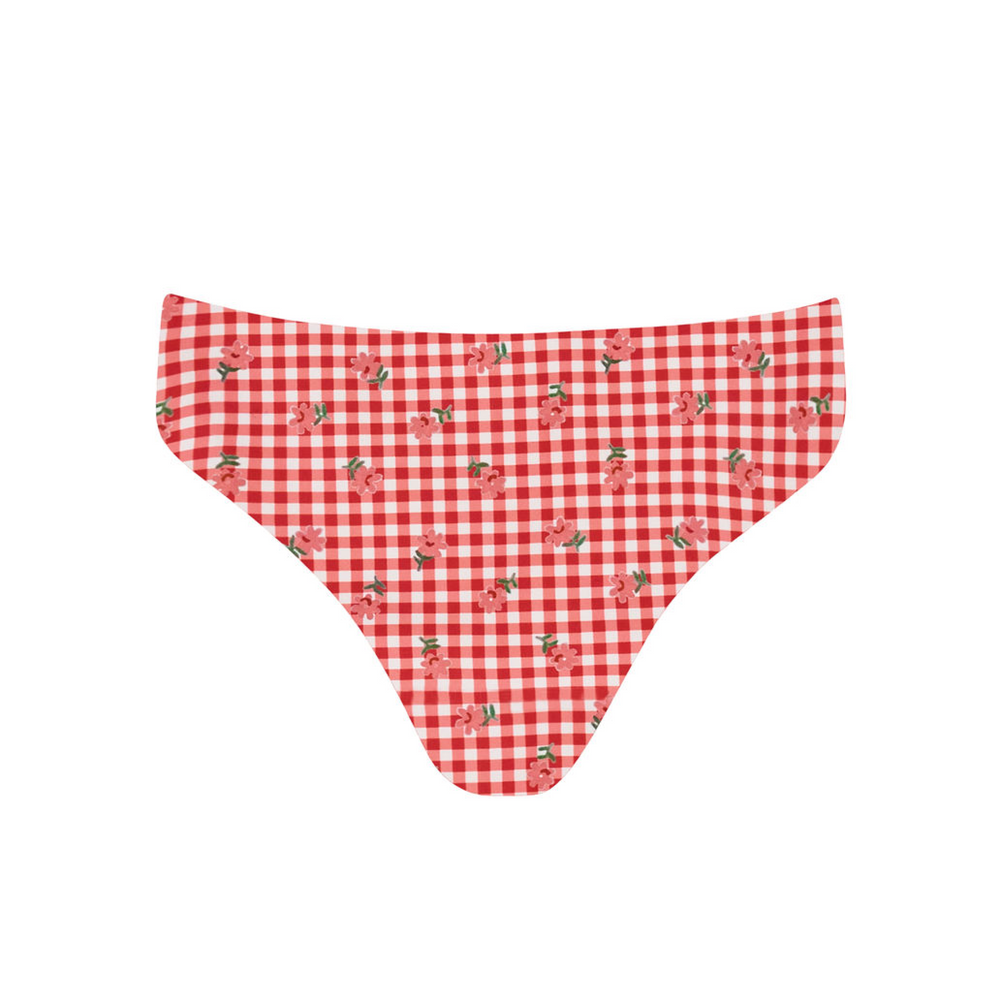 Women's Cranberry Gingham Mid Rise Bikini Bottom