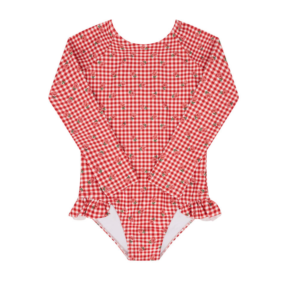 Girls Cranberry Gingham Rashguard One Piece