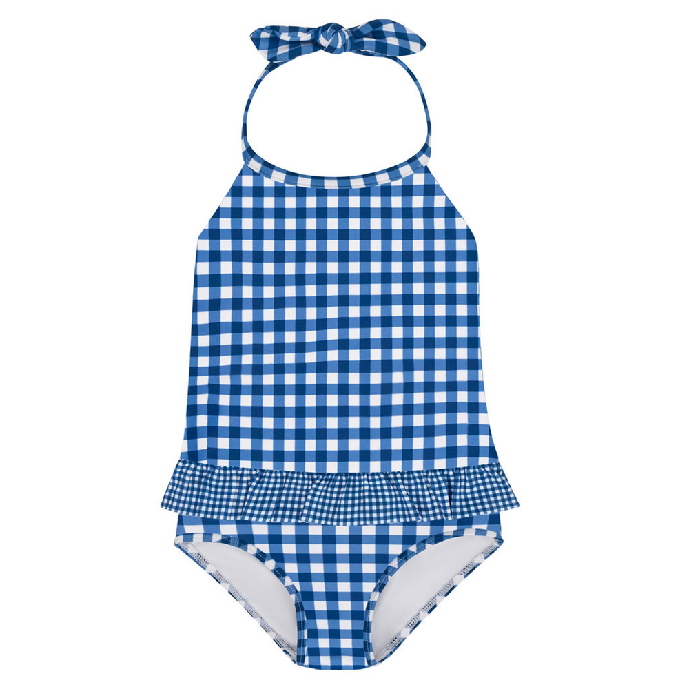 Girls Navy Picnic Gingham Ruffle Halter One Piece